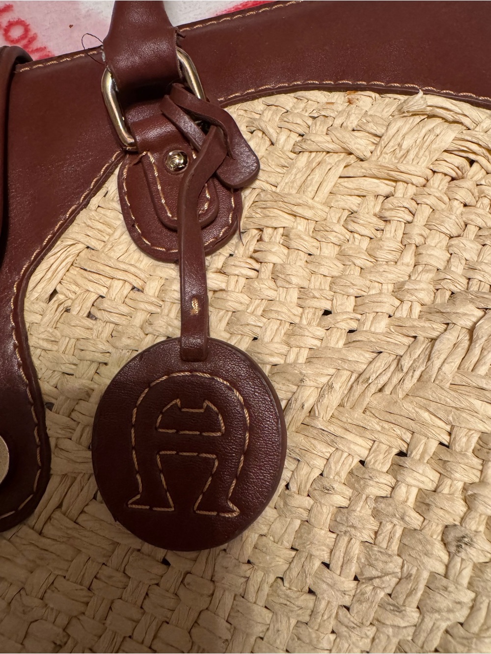 Etienne Aigner Natural Woven Wicker Tote with Brown Leather Trim - Picture 2 of 12